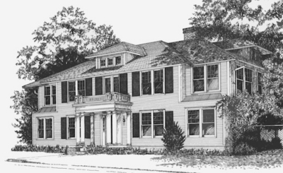 Elegant historic house with columns and large windows surrounded by trees