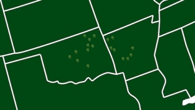 Map illustration with location markers on a green background