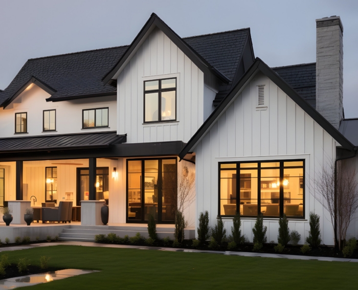 Modern farmhouse with white siding and large windows at dusk
