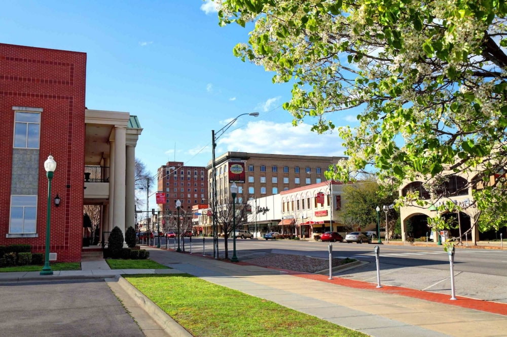 Street view of a downtown area with brick buildings and leafy trees under a blue sky