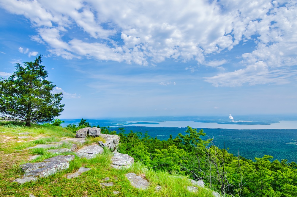 Scenic mountain view with lush greenery and expansive blue sky